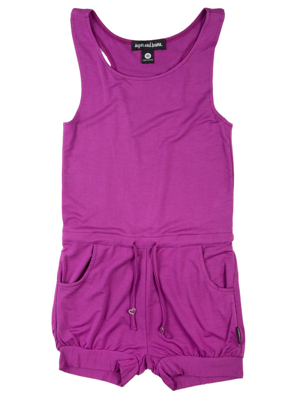 Purple Shorts Romper: Romper in Raspberry by Sugar and Bruno Apparel in Indianapolis, IN
