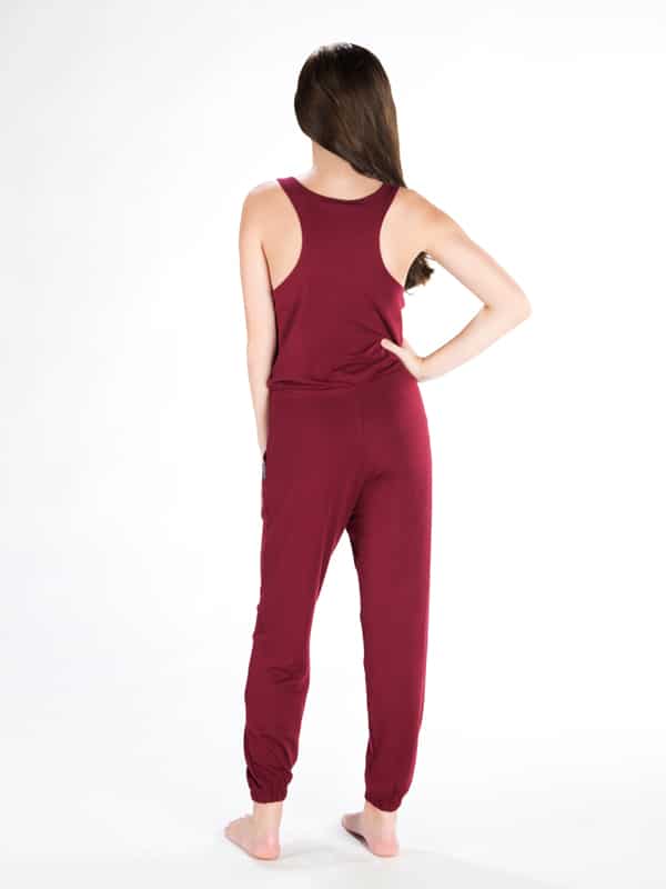 Red Jumpsuit Romper: Full Length Romper in Burgundy by Sugar and Bruno Apparel in Indianapolis, IN