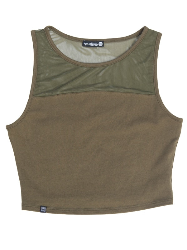 Green Dance Crop Top: Stretchy Mesh Crop in Army by Sugar and Bruno Apparel in Indianapolis, IN
