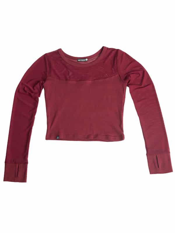 Long Sleeve Stretchy Mesh Top, Burgundy