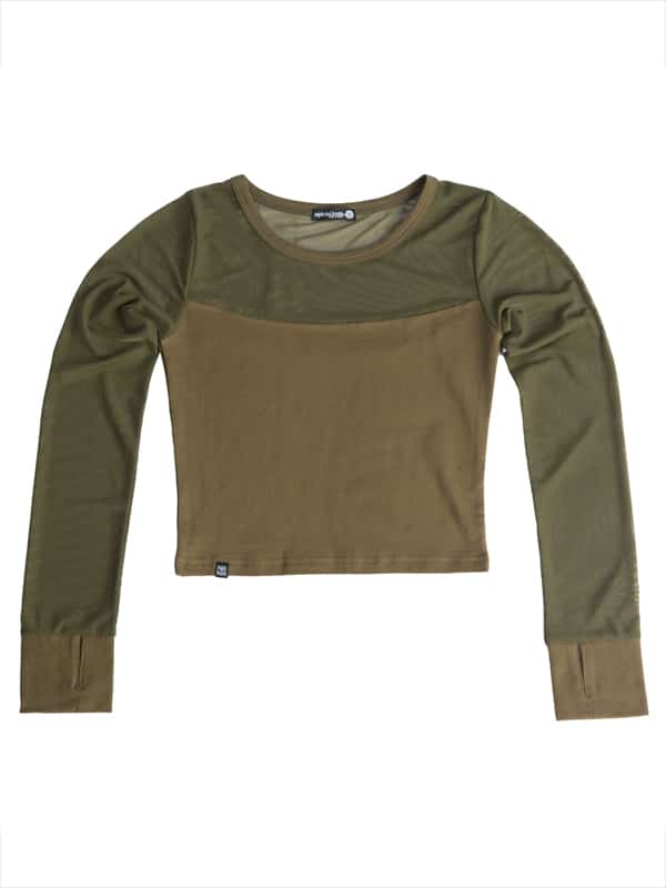 Long Sleeve Stretchy Mesh Top, Army