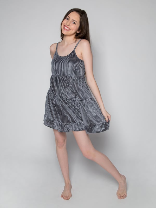 Gray Velvet Dress: Casual Fancy G Dress in Grey by Gina Pero for Sugar and Bruno Apparel in Indianapolis, IN