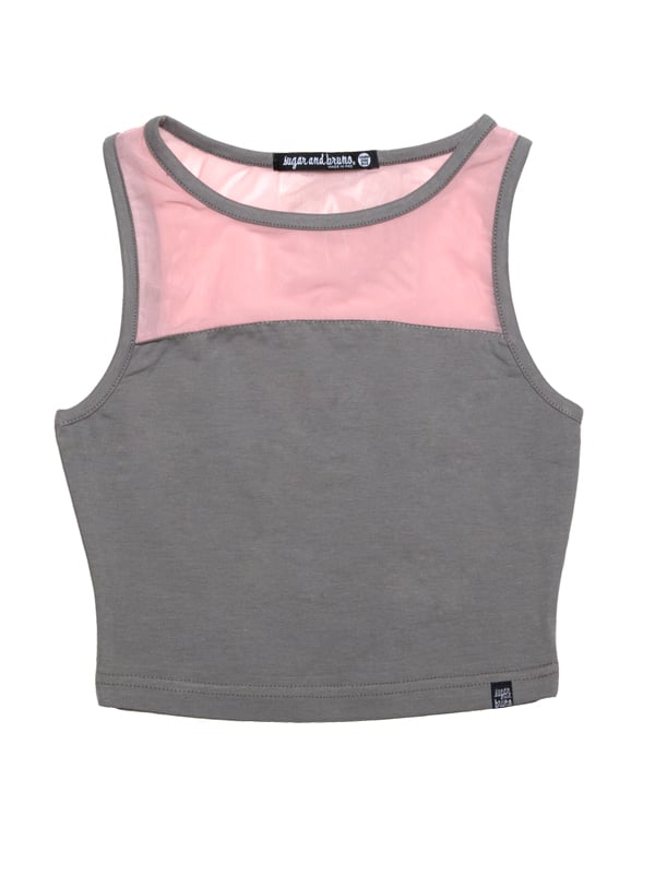 Gray Dance Crop Top: Stretchy Mesh Crop in Ballet Pink by Sugar and Bruno Apparel in Indianapolis, IN