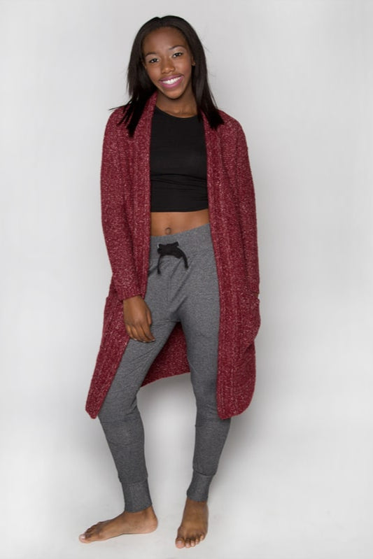 Maroon Cardigan: The Sophia Sweater in Canyon Rose by Sugar and Bruno Apparel in Indianapolis, IN