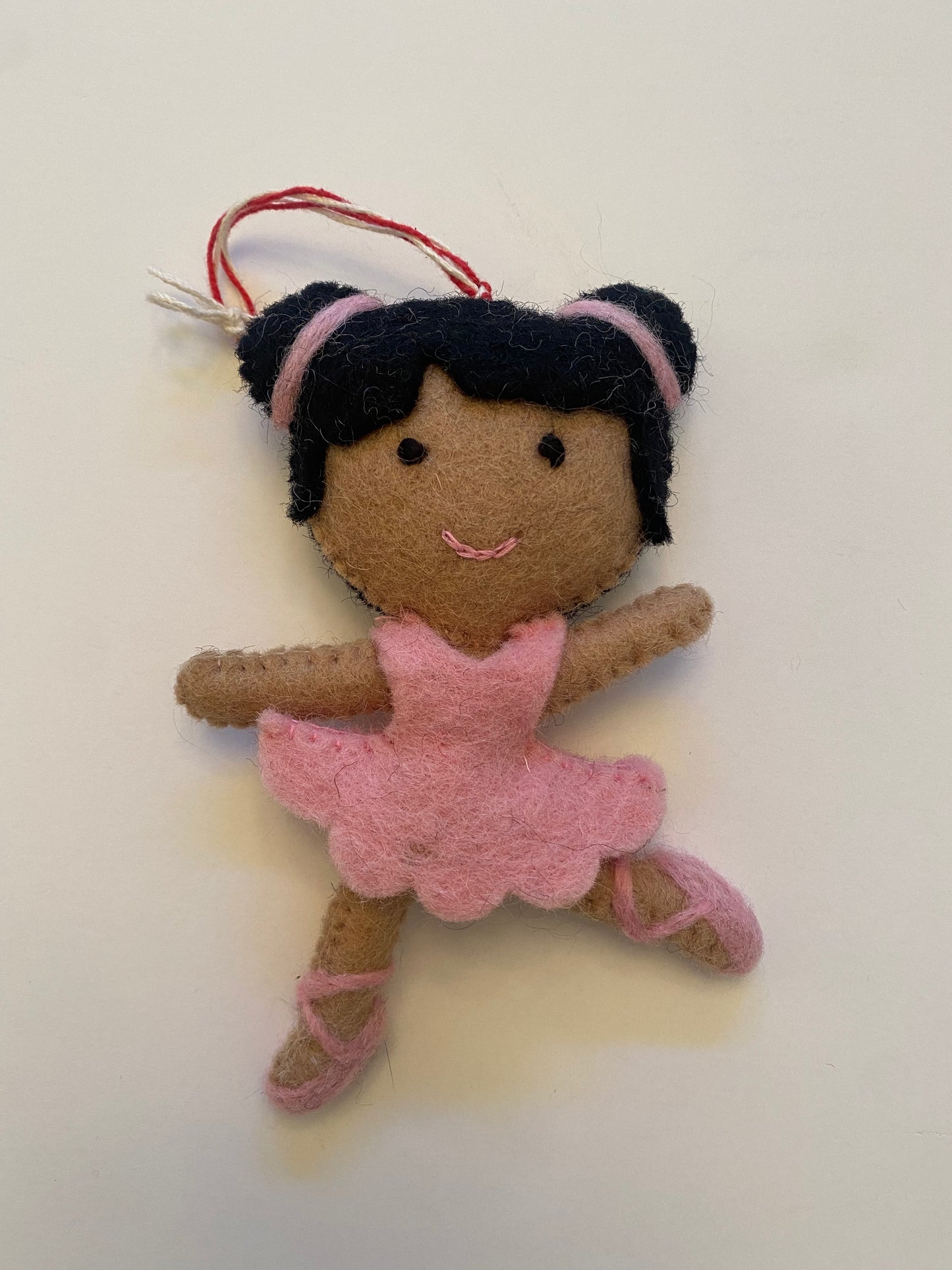 Ballerina Felt Wool Ornament, Black Hair/Light Skin
