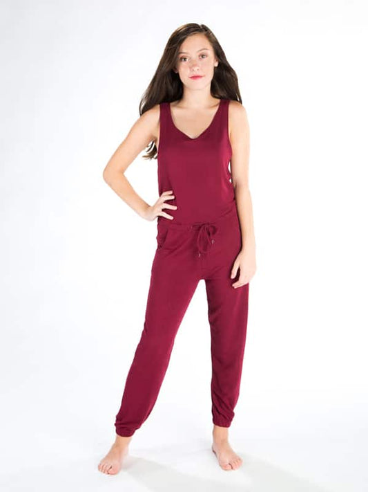 Red Jumpsuit Romper: Full Length Romper in Burgundy by Sugar and Bruno Apparel in Indianapolis, IN