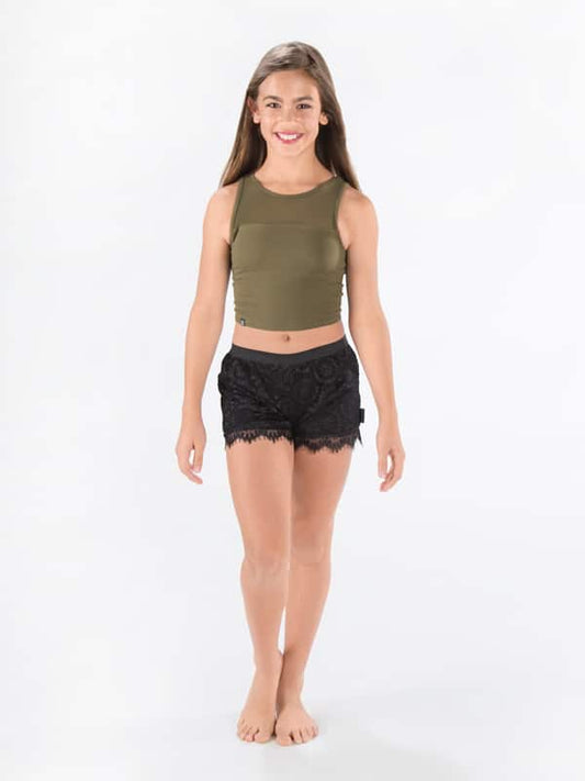 Green Dance Crop Top: Stretchy Mesh Crop in Army by Sugar and Bruno Apparel in Indianapolis, IN