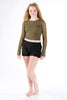 Green Long Sleeve Crop Top: Stretchy Mesh Long Sleeve in Army by Sugar and Bruno Apparel in Indianapolis, IN