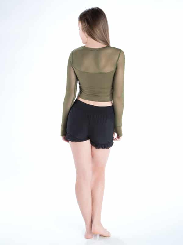 Green Long Sleeve Crop Top: Stretchy Mesh Long Sleeve in Army by Sugar and Bruno Apparel in Indianapolis, IN