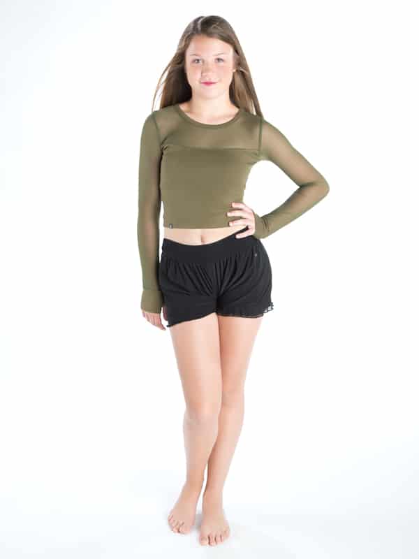 Green Long Sleeve Crop Top: Stretchy Mesh Long Sleeve in Army by Sugar and Bruno Apparel in Indianapolis, IN
