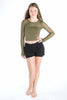 Green Long Sleeve Crop Top: Stretchy Mesh Long Sleeve in Army by Sugar and Bruno Apparel in Indianapolis, IN