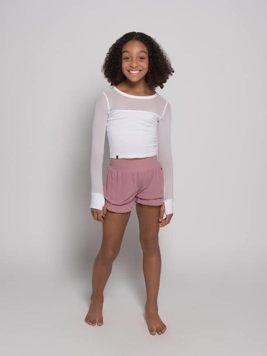 Long Sleeve Stretchy Mesh Youth Top, White