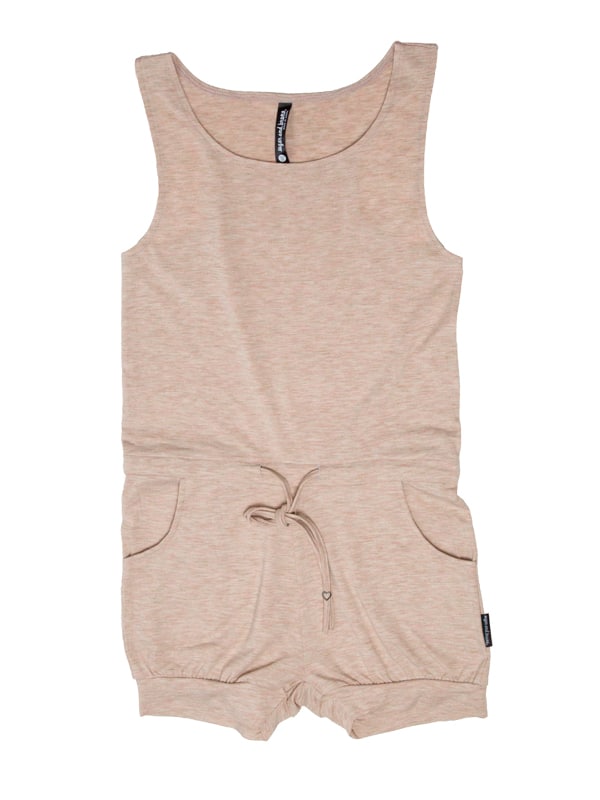 Tan Shorts Romper: Lightweight Romper in Sand by Sugar and Bruno Apparel in Indianapolis, IN