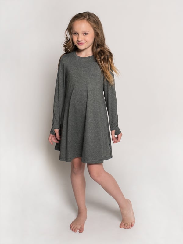 Long Sleeve Dress: Swing Dress in Denim Blue by Sugar and Bruno Apparel in Indianapolis, IN