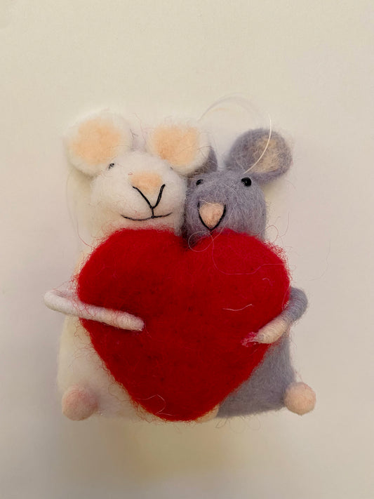Wool Felt Mice with Heart Ornament
